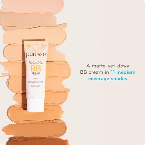Pūrlisse Perfect Glow BB Cream with SPF 30 - Matte & Dewy Finish - Enriched with Goji & Hawthorn Berry - Light Medium (1.4 oz)