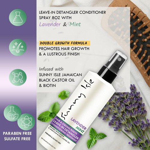 Sunny Isle Lavender Mint Hair and Strong Roots Leave-In Detangler Conditioning Treatment 8oz | Biotin and Jamaican Black Castor Oil | Paraben and Sulfate Free | Double Growth Formula