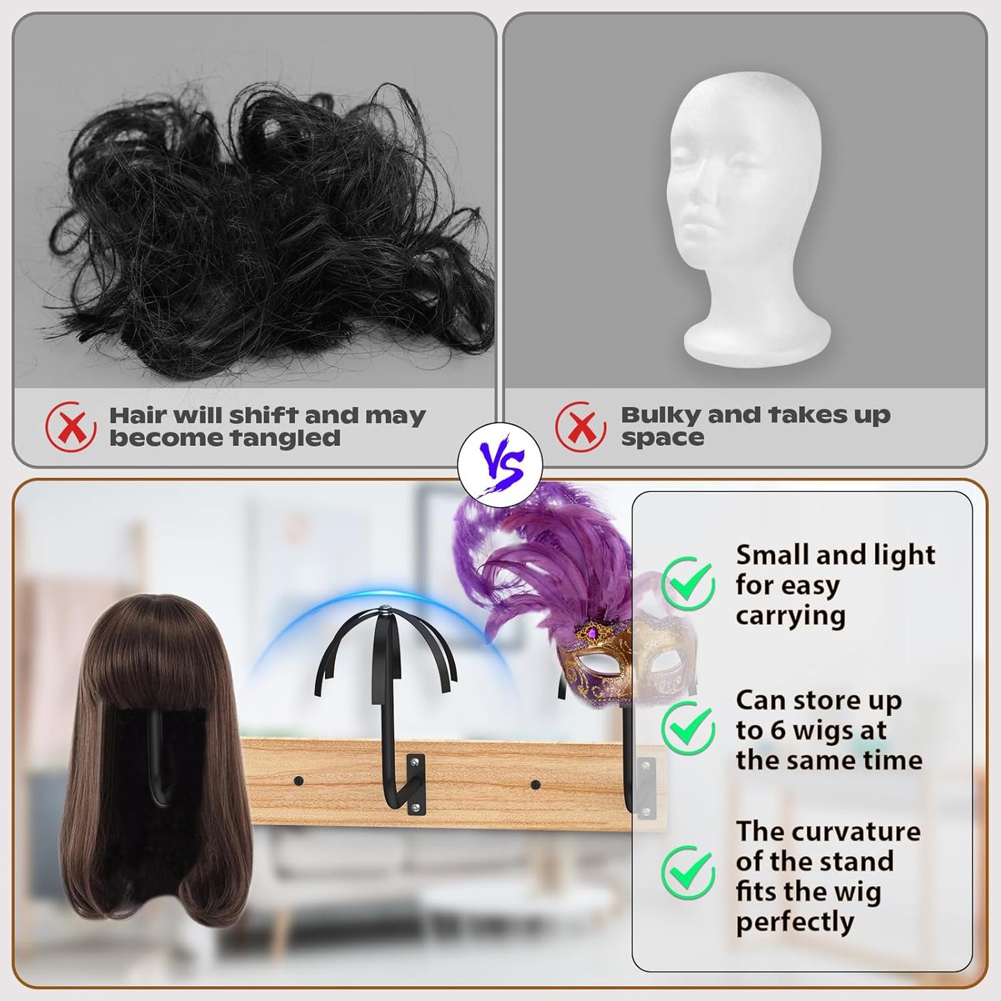 6 Pcs Hanging Wig Stand for Multiple Wigs, Durable Wall Mounted Wig Hanger Holder,Wig Holder for Multiple Wigs,Hanging Wig Holder for Display, Storage, Styling, Drying,Practice,Design (Black)