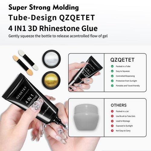 4-in-1 Rhinestone Nail Glue Gel and Chrome Powder Kit, 30g Super Strong Adhesive for Nail Art Crystals, Charms, Gems, Beads, Sequins – Long-Lasting 3D Nail Art Gel Glue for Acrylic & Gel Nails