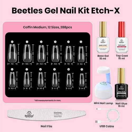 Beetles Gel Nail Kit Etch-X, Coffin Medium, 288pcs 12 Sizes Nail Tips, 3Pcs 15ml HEMA-Free Nail Glue Top Coat & Base Gel Set, with Mini Lamp, Press On Nail, Long Lasting Extension DIY Set at Home