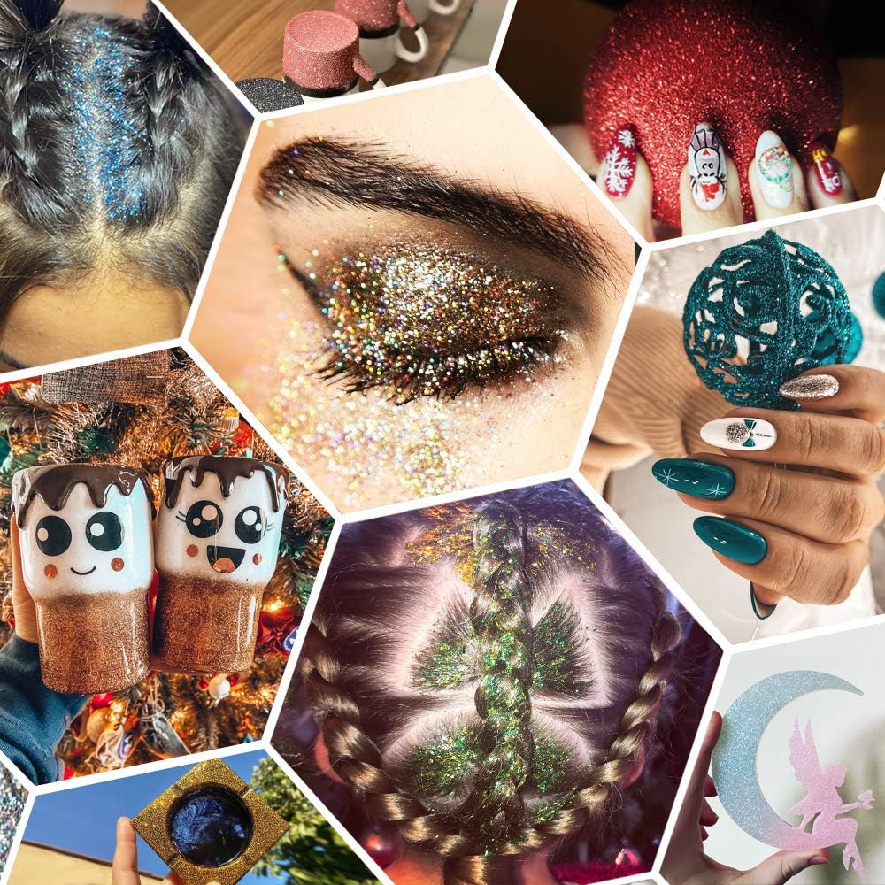 Holographic Chunky Glitter Sequins, 12 Colors Mixed Cosmetic Glitter for Face Body Eye Hair Nail Art Lip Gloss Makeup, Festival Glitter with Different Hexagons Size and Stars (Laser Mix)