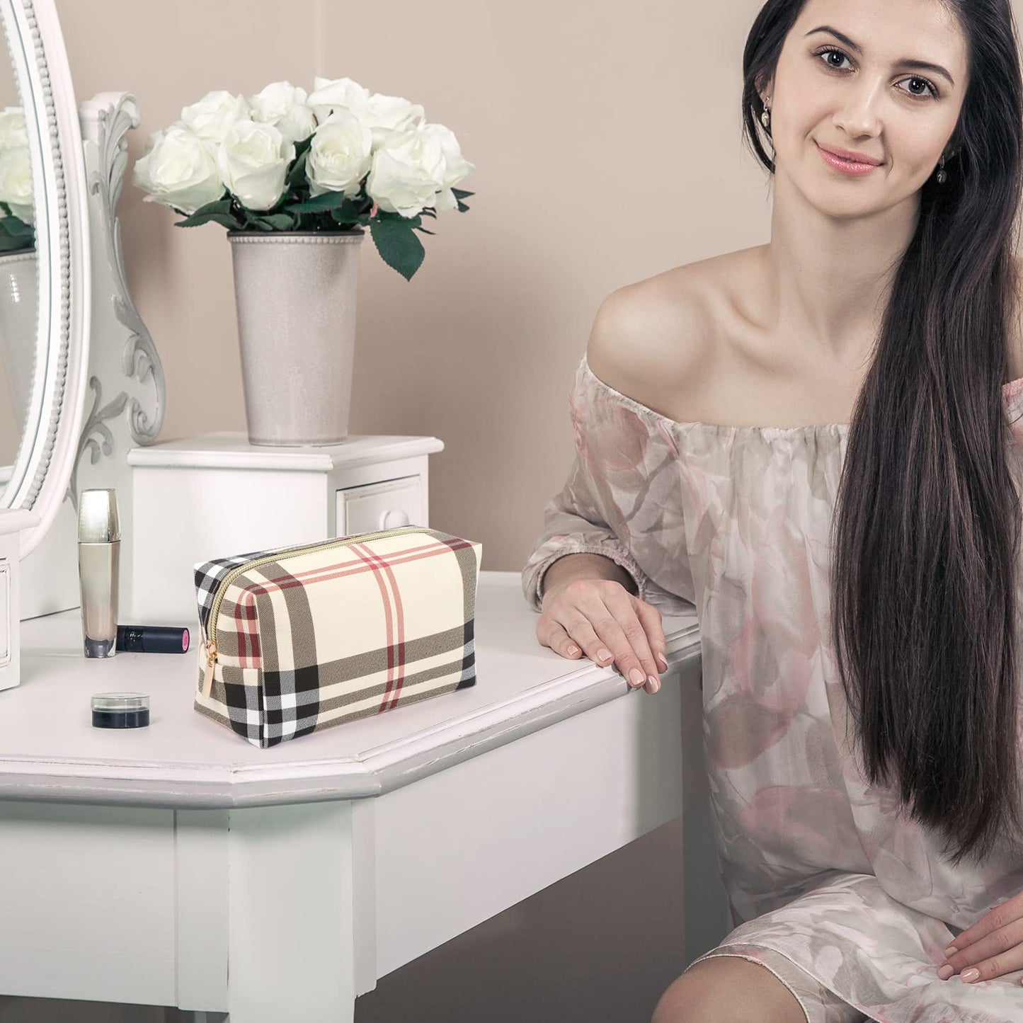 MAANGE Small Makeup Bag for Purse, 2 PCS Cosmetic Bag for Women Travel Makeup Pouch Leather Make up Bag Portable Zipper Pouch Brushes Bag - khaki plaid