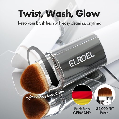 ELROEL Blanc Cover Cream Stick V White - Color-Changing Foundation with Volufiline - Medium to Full Coverage, Dewy Finish - Dual-Ended with Brush (204 Tan)