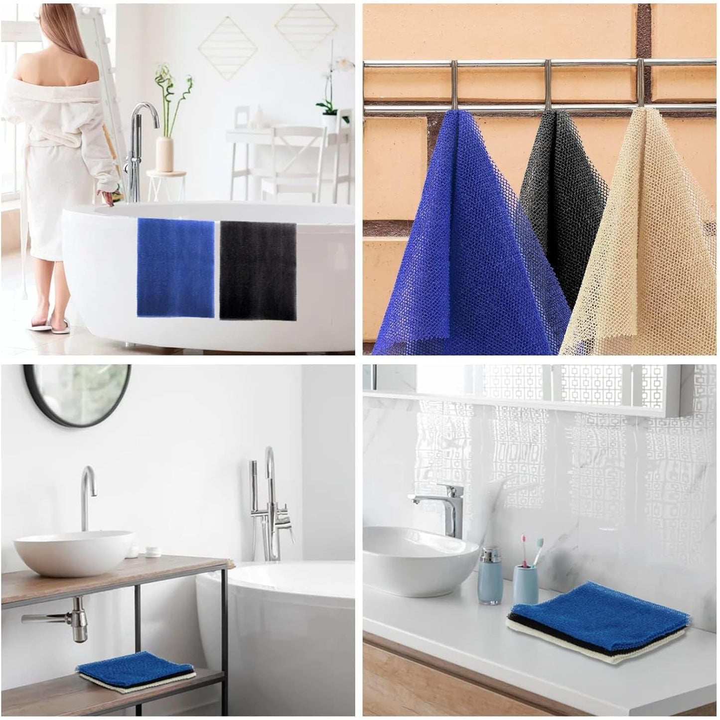 UJFQBH African Bath Sponge Set - Exfoliating Shower Body Scrubber | 3 Pieces in Blue, Black, Off-White