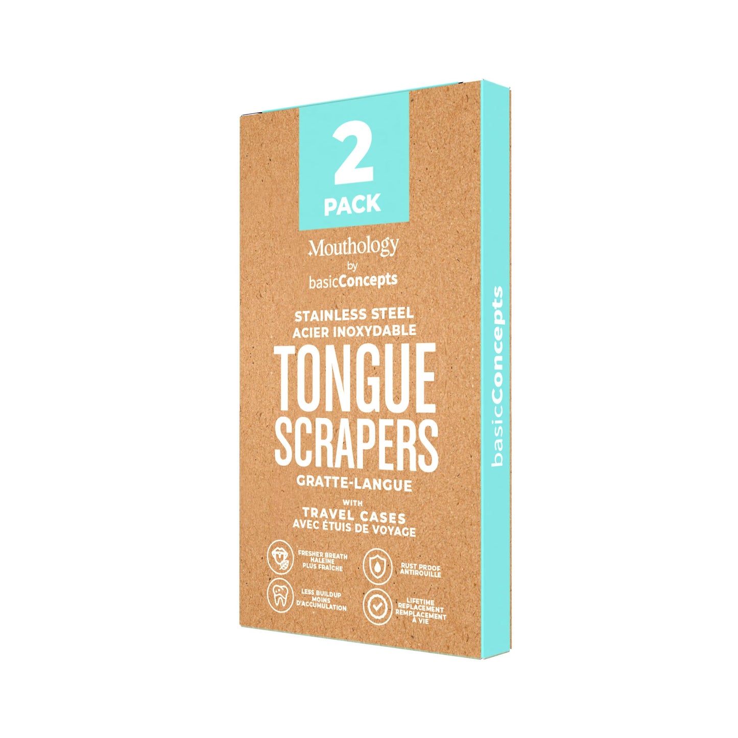 BASIC CONCEPTS Tongue Scraper (2 Pack), Reduce Bad Breath (Travel Cases Included), Stainless Steel Tongue Cleaners, Metal Tongue Scraper, Tongue Scraper for Adults - Fresher Breath in Seconds