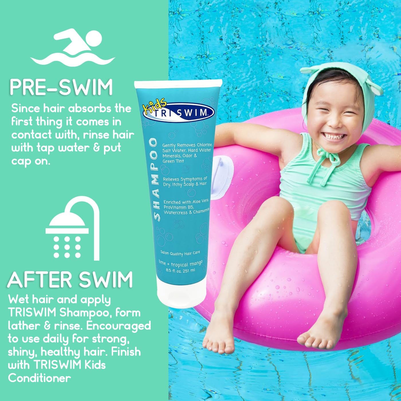 TRISWIM Kids Chlorine Removal Shampoo - Hydrating Formula with Aloe Vera & Vitamins | 8.5oz | Lime & Mango Scent