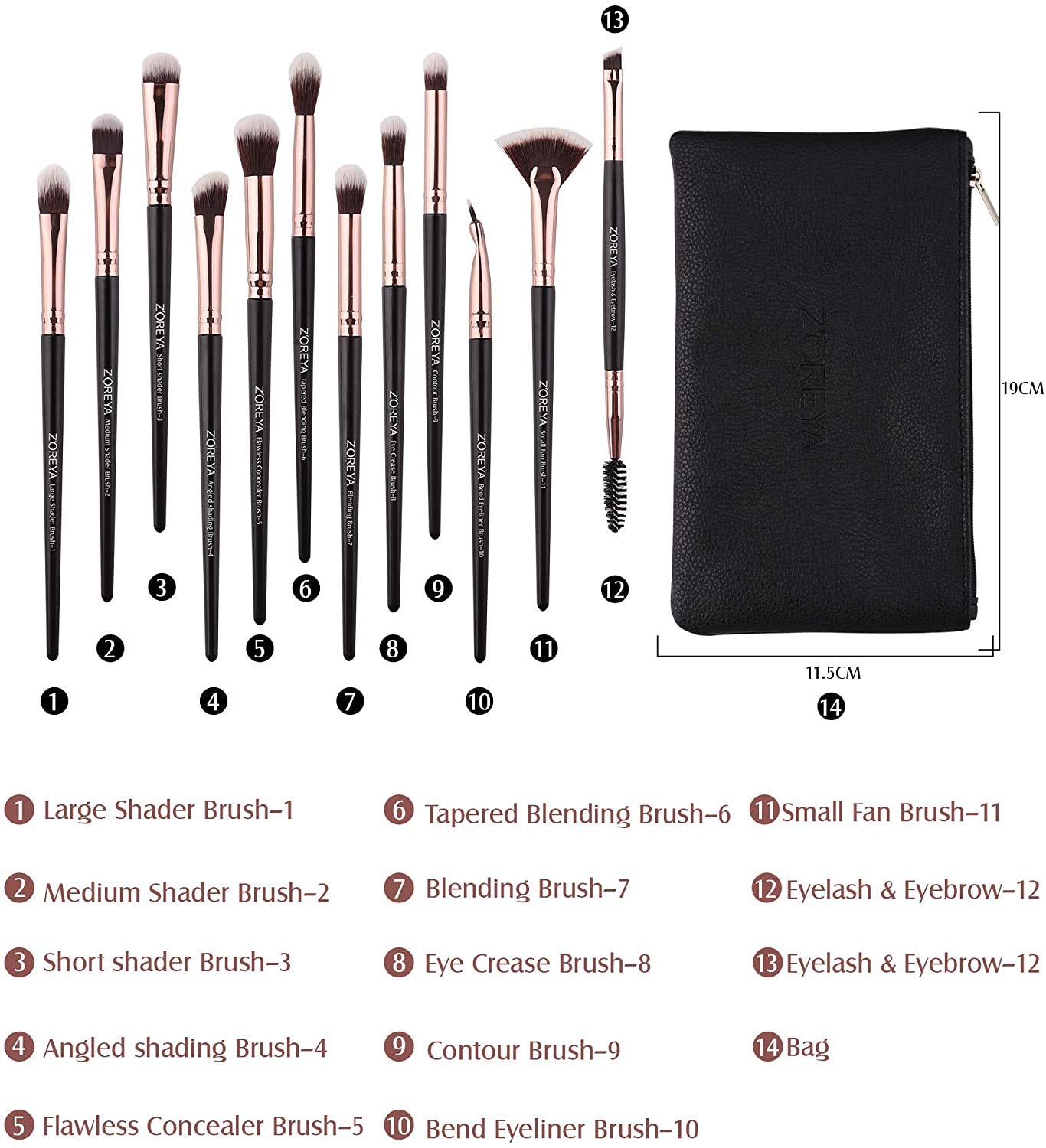 Z'OREYA Eye Makeup Brushes, 12 Pcs Professional Eye Brush Set Eyeshadow, Eyebrow, Blending, Fan, Eyelash Brushes Set With Carrying Bag (Black)