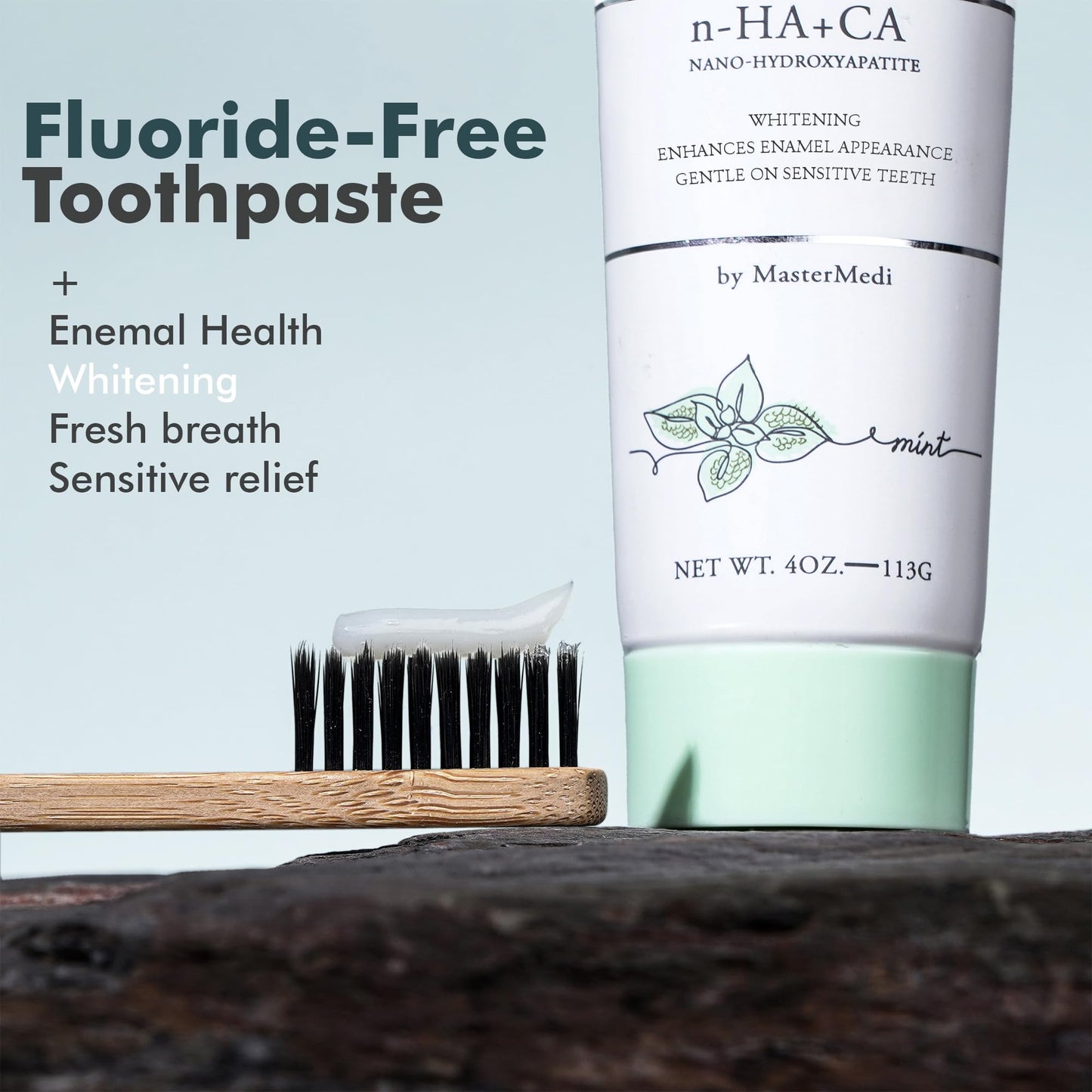 MasterMedi Fluoride Free Toothpaste, Nano Hydroxyapatite, SLS Free, Teeth Whitening, Remineralizing, Sensitive Teeth Relief, Natural Mint Flavor for Oral Care 4oz with Tongue Scraper (1 Pack)