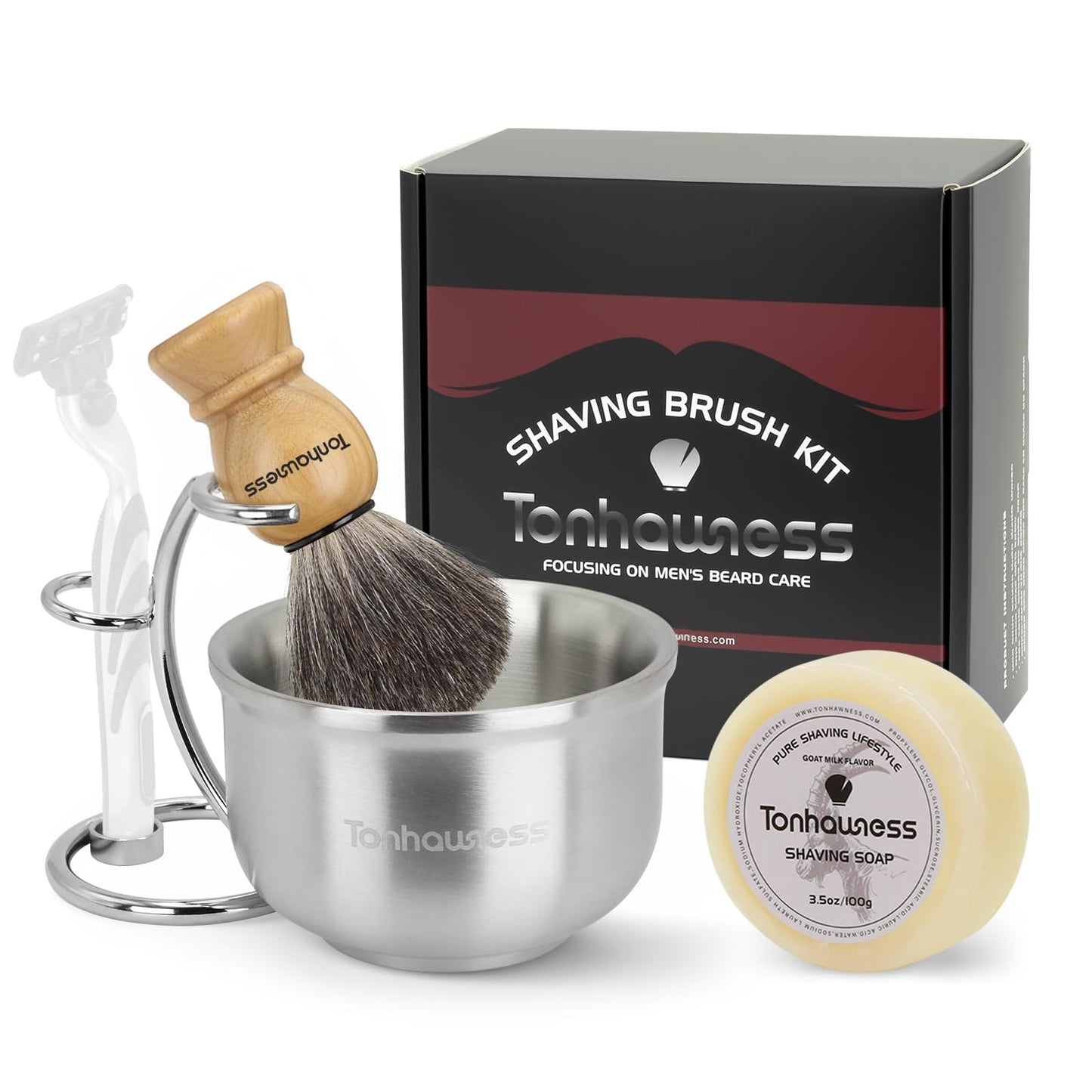 Shaving Brushes Kit For Men, 4 In 1 Shaving Brush Set Includes Nylon Bristle Shaving Brush, Sandalwood Shaving Cream, Stainless Steel Shaving Bowl and Stand