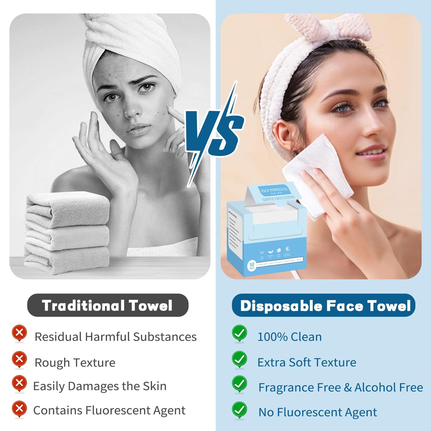Face Towels, 10"×12" Disposable Face Towel, Face Towelettes XL, Ultra Soft Makeup Remover Dry Wipes, Thick Face Towel for Sensitive Skin, 50 Count (3 Pack)