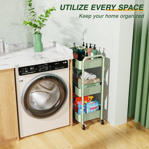 LEHOM 3-Tier Rolling Storage Cart - Metal Utility Trolley with Wheels & Hooks for Easy Organization | Ideal for Bathroom, Kitchen, Office, Bedroom