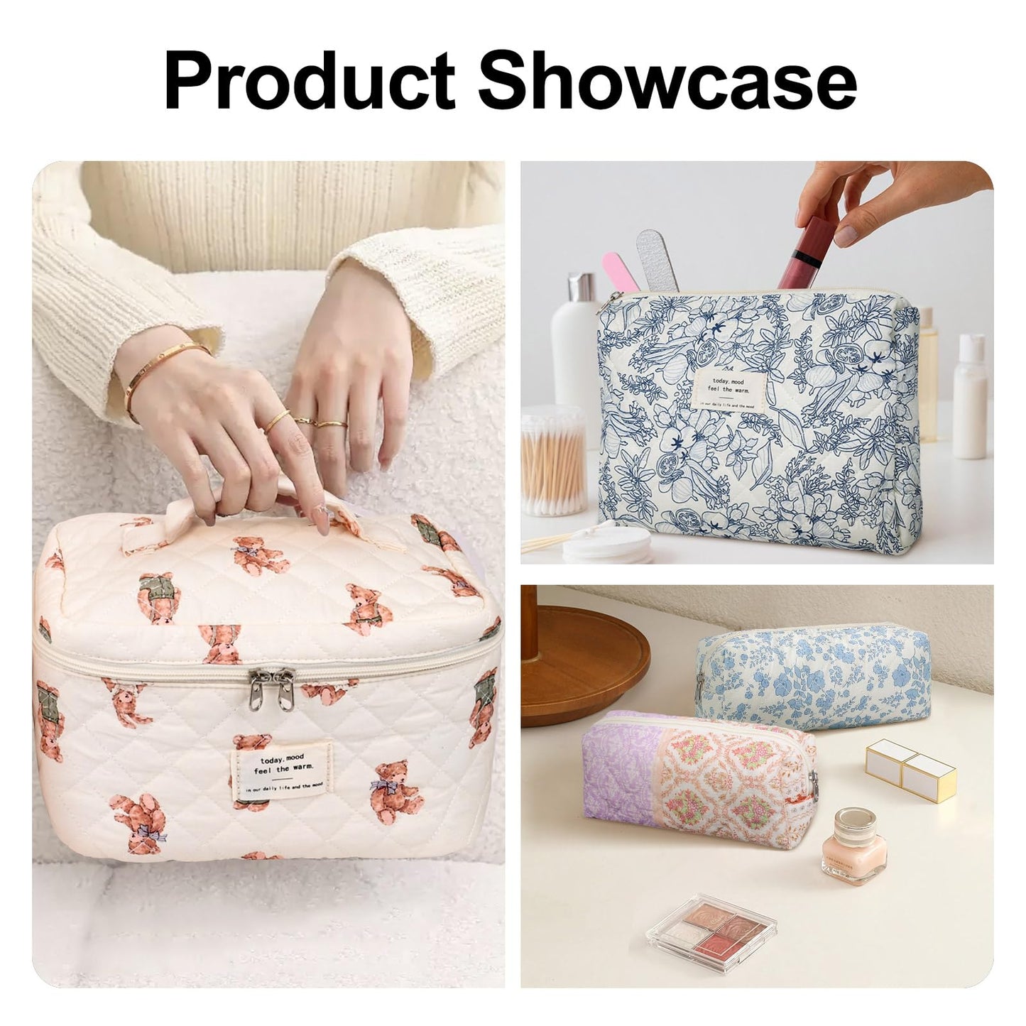 SXS LACONIC Large Makeup Bag,Quilted Makeup Bag Set,Cotton Coquette Aesthetic Floral Makeup Pouch for Women, Travel Cute Soften Cosmetics Bag Organizers for Girls