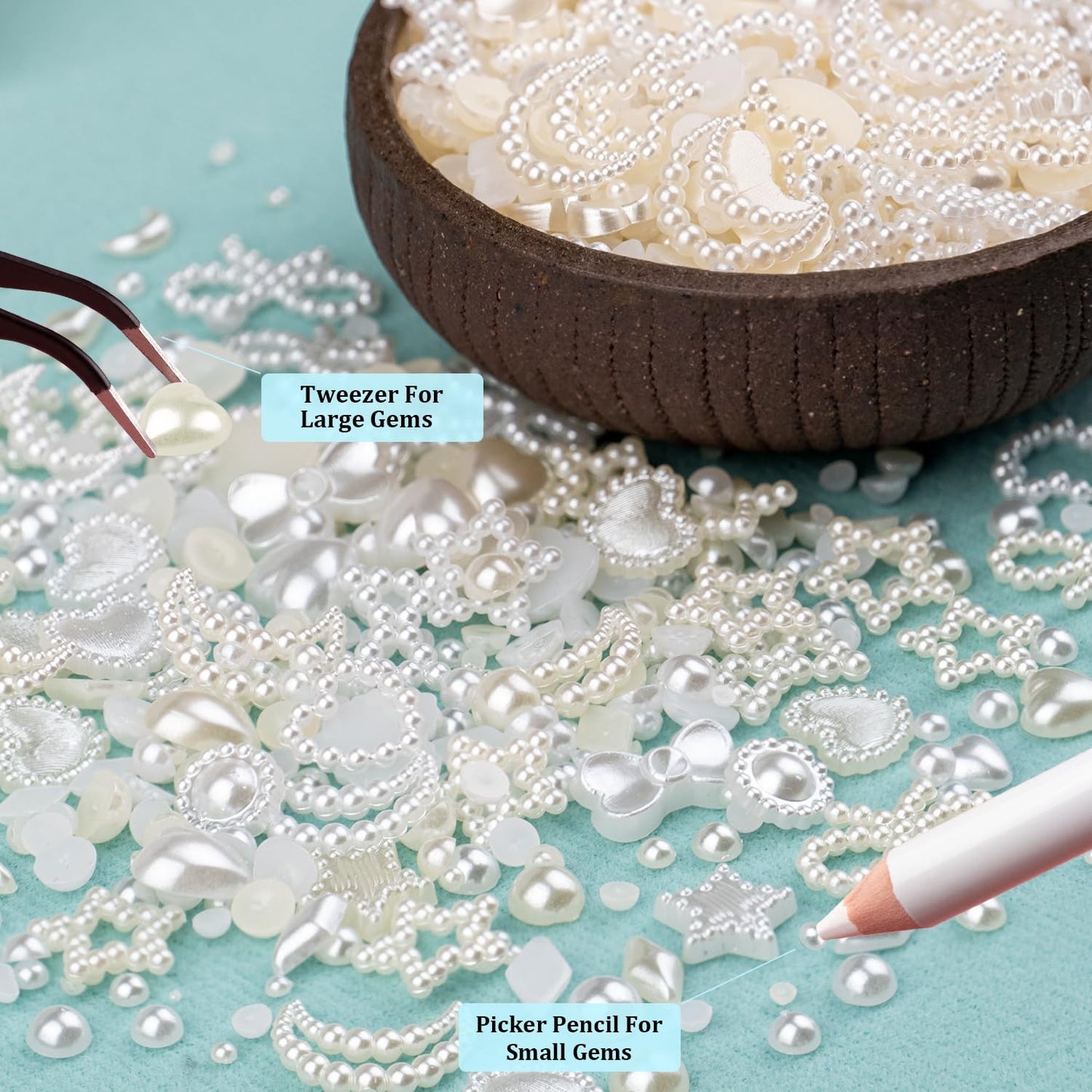 600Pcs 3D Multi Shapes Nail Charms and Flatback Pearls, Beige Mix Styles Heart Star Bow Sunflower Embellishments for Nail Art, Craft and Decoration with Glue Gel, Tweezer and Pickup Pencil
