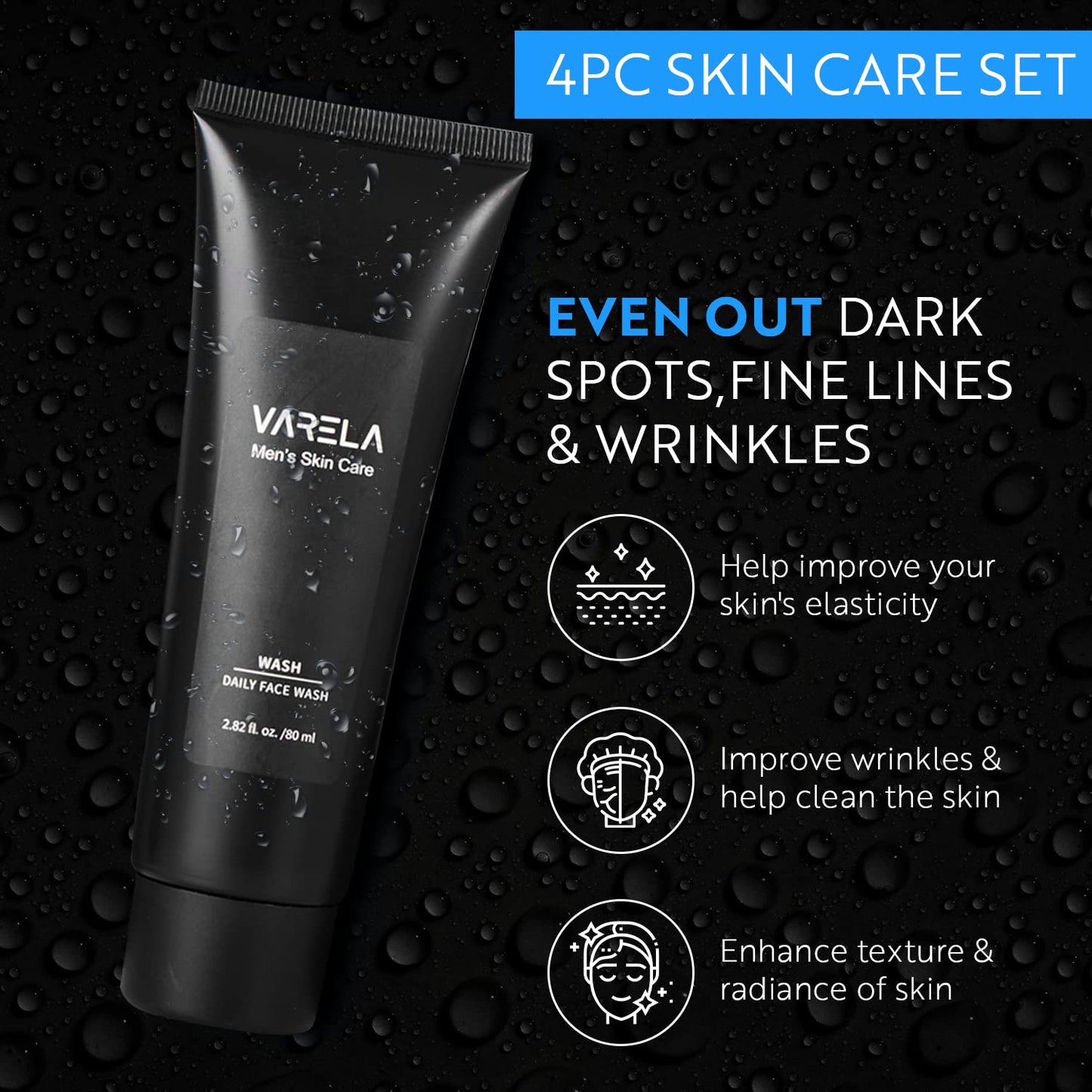 VARELA - Premium Men's 4pc Skin Care Set | Men's Face Scrub | Men's Morning Moisturizer with SPF20 and Men's Evening Moisturizer | Men's Face Cleanser | 1 Month Supply
