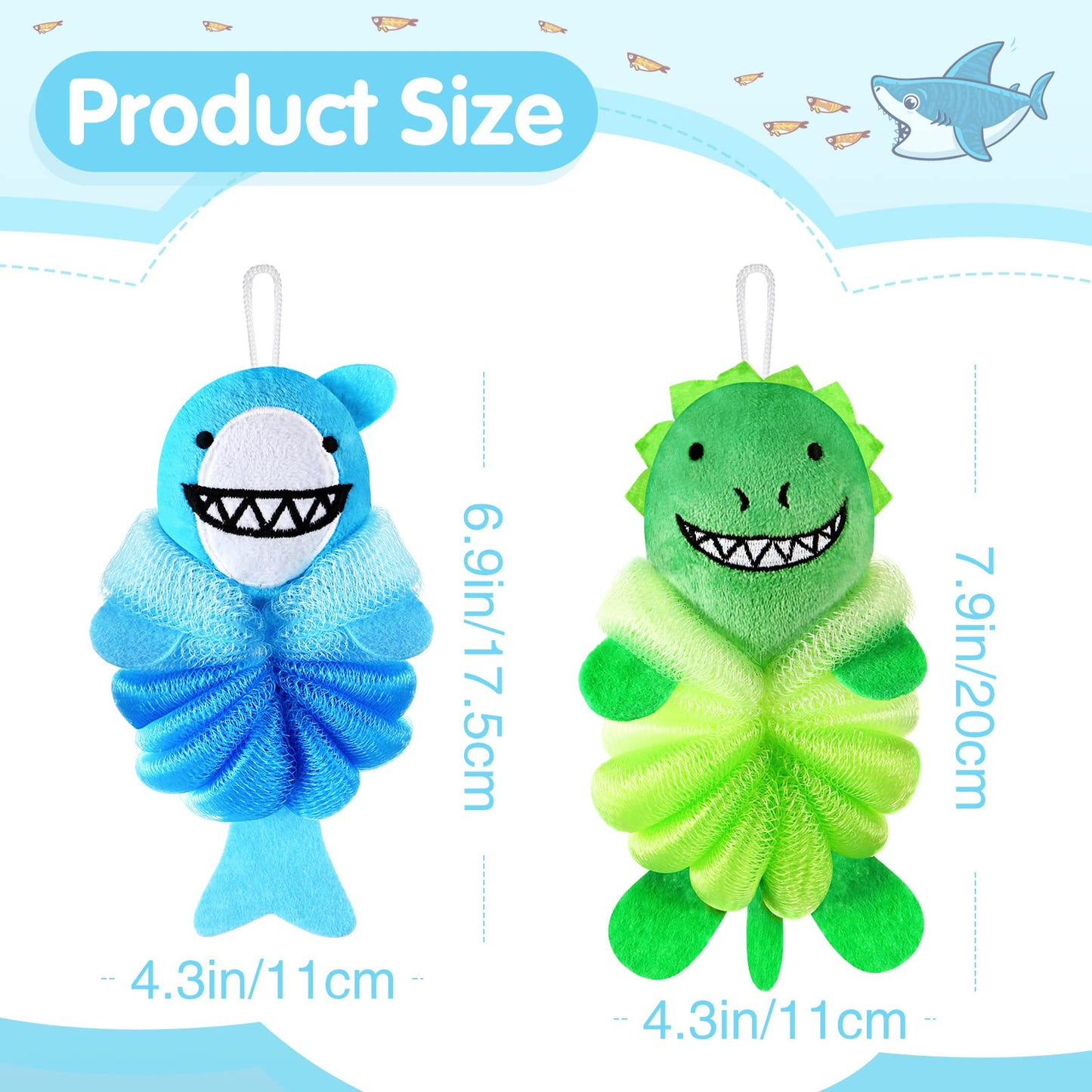 Nuenen 2 Pcs Bath Loofahs Kids Toddler Cute Cartoon Bath Sponges Loofah Pouf Body Scrubber Mesh Sponges for Children Shower Washing Exfoliating