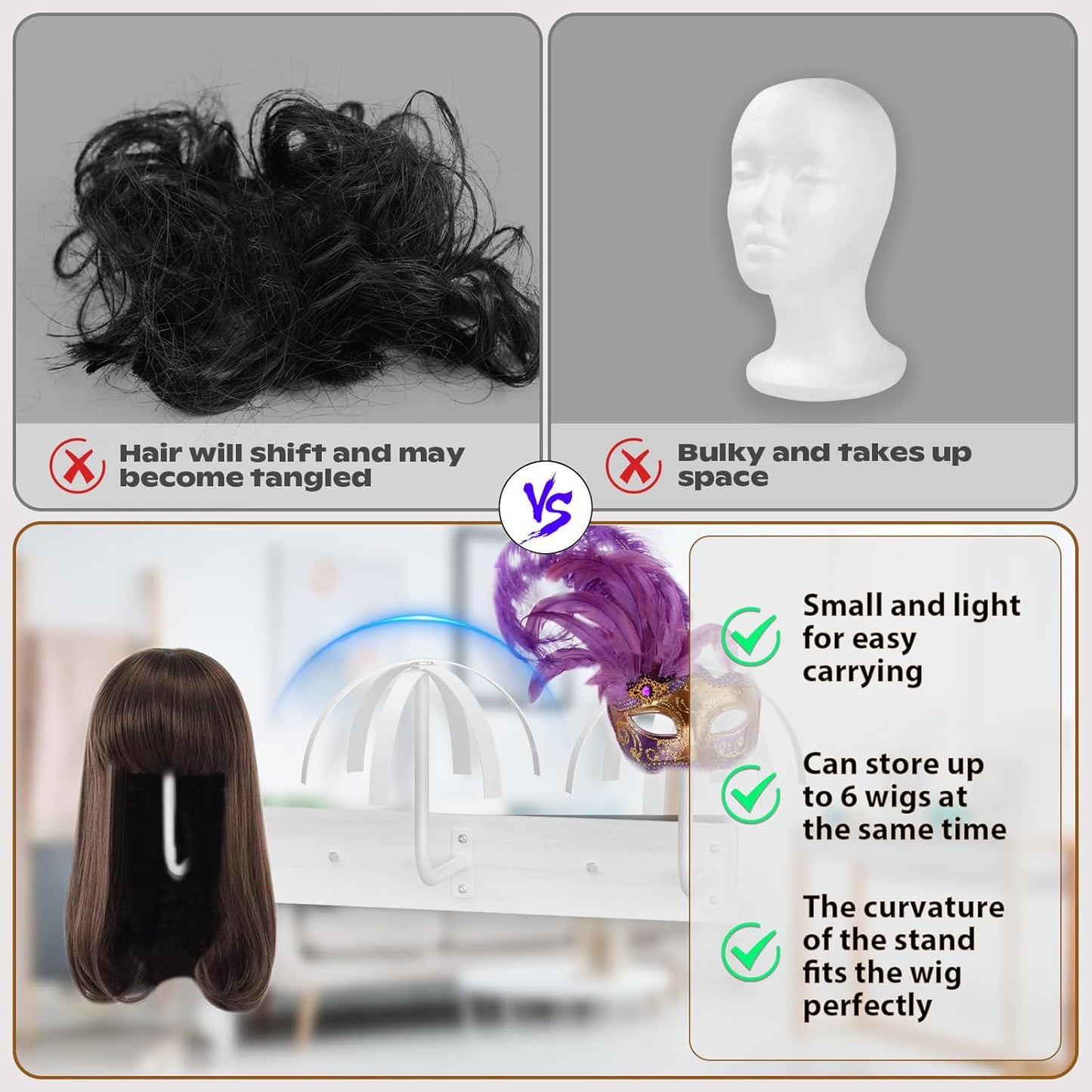 6 Pcs Hanging Wig Stand for Multiple Wigs, Durable Wall Mounted Wig Hanger Holder,Wig Holder for Multiple Wigs,Hanging Wig Holder for Display, Storage, Styling, Drying,Practice,Design (Black)