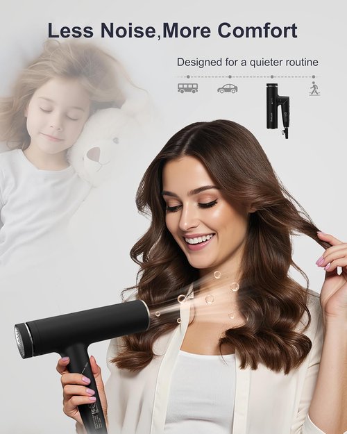 Annlary Hair Dryer - Ionic Blow Dryer with Diffuser for Curly Hair | Low Noise & Foldable Design | 6.5Ft Cord