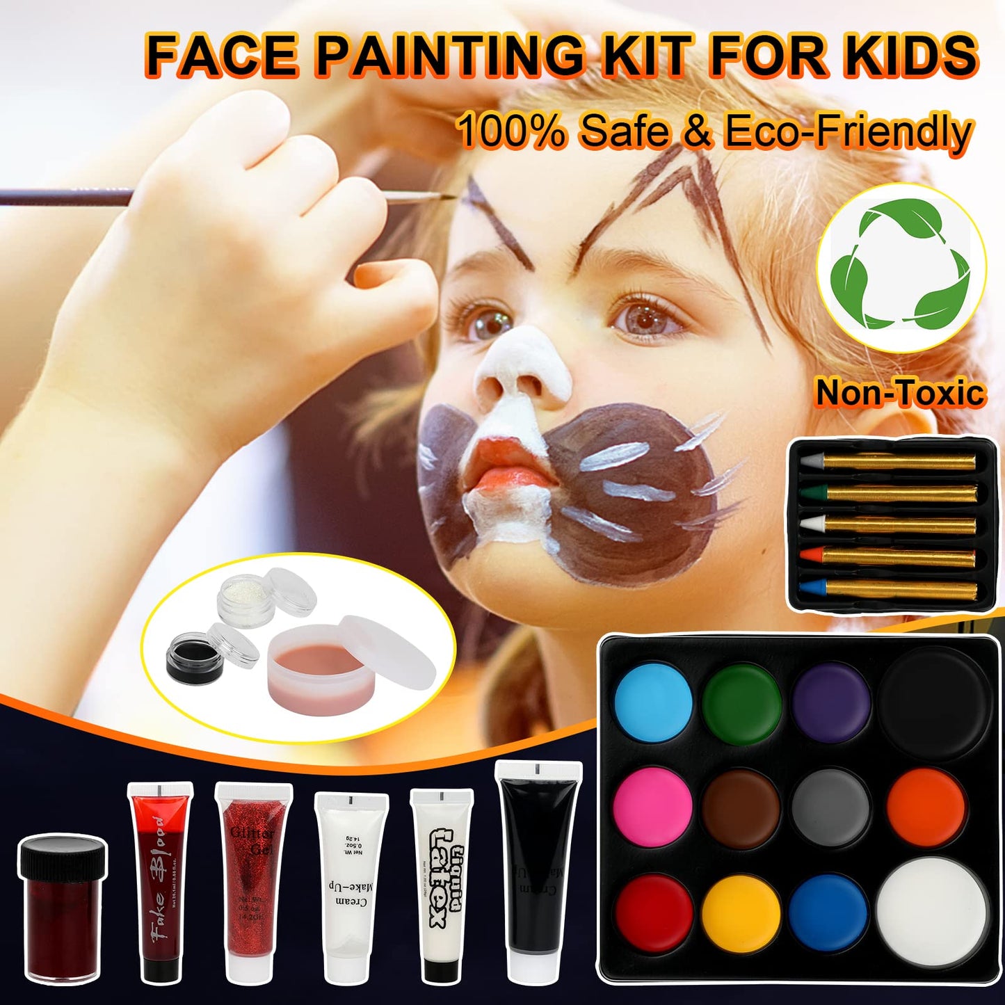 Halloween Makeup - Halloween Family Face Painting Kit Face Body Paint for Adult and Kids, All in 1 Halloween Makeup Set Face Paint with Fake Blood for Halloween Party Supplies