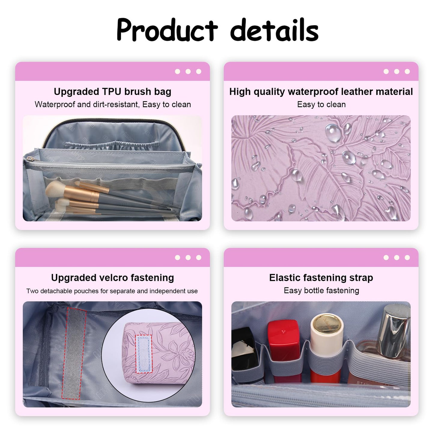 BOYATU Travel Makeup Bags Cosmetic Organizer Bag: 3-Set Large Capacity Make up Bag - PU Leather Toiletry Bags for Women - Wide Open Portable Pouch with Divider & Handle (01-Z-Light Purple)