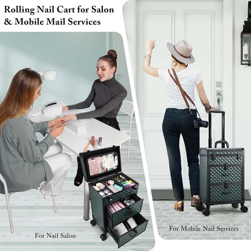 Adazzo Professional Rolling Makeup Train Case with Drawers, Makeup Case on Wheels, Nail Tech Rolling Cart Storage Organizer Trolley Make up Case for Travel Makeup/Nail Art/Hair Styling, Dark Green
