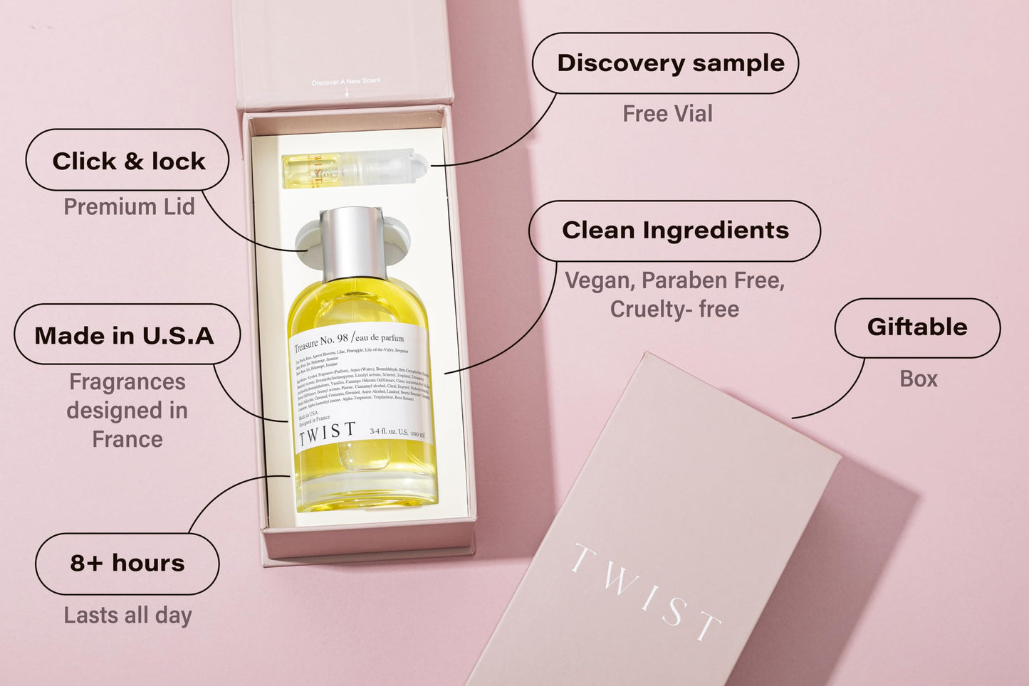 Twist Treasure No. 98 - Inspired by L. Tresor, Long-Lasting Perfume for Women, Vegan, Clean Ingredients, Apricot Blossom & Rose – Spray 100 ml | 3.4 fl. oz.