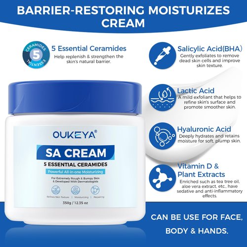 OUKEYA SA Cream for Rough & Bumpy Extremely Dry Skin with 5 Kinds of Ceramides & Salicylic Acid,Exfoliating Moisturizing Body Lotion with Long-Lasting Moisture,12.35 oz