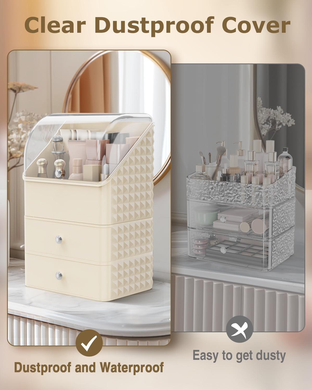 Soimeat Makeup Organizer Countertop, Stackable Cosmetics Organizer and Storage, Makeup Organizer Case with Dustproof Lid and Waterproof, Perfect for Bathroom Vanity, Cream, 3 Layers