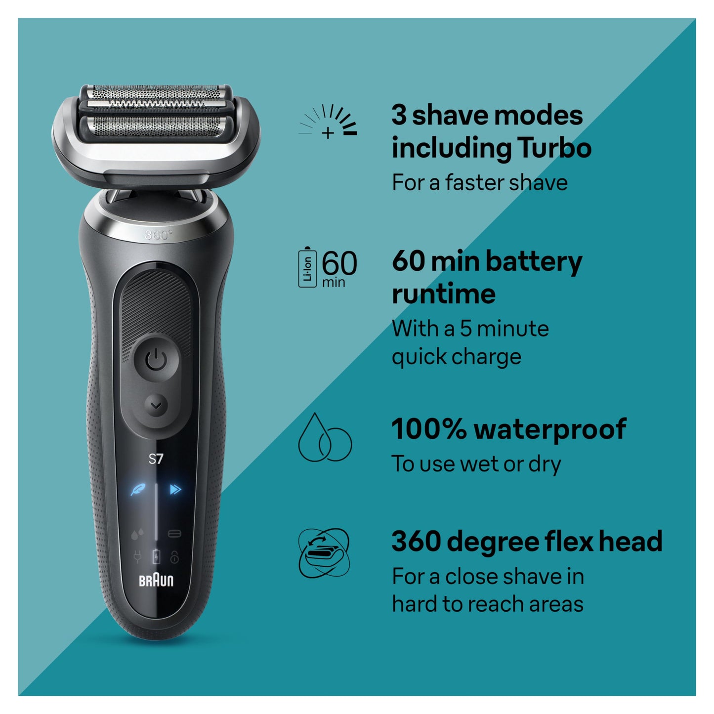 Braun Electric Shaver for Men, Series 7 7177cc, Wet & Dry Shave, Turbo & Gentle Shaving Modes, Waterproof Foil Shaver, Space Grey