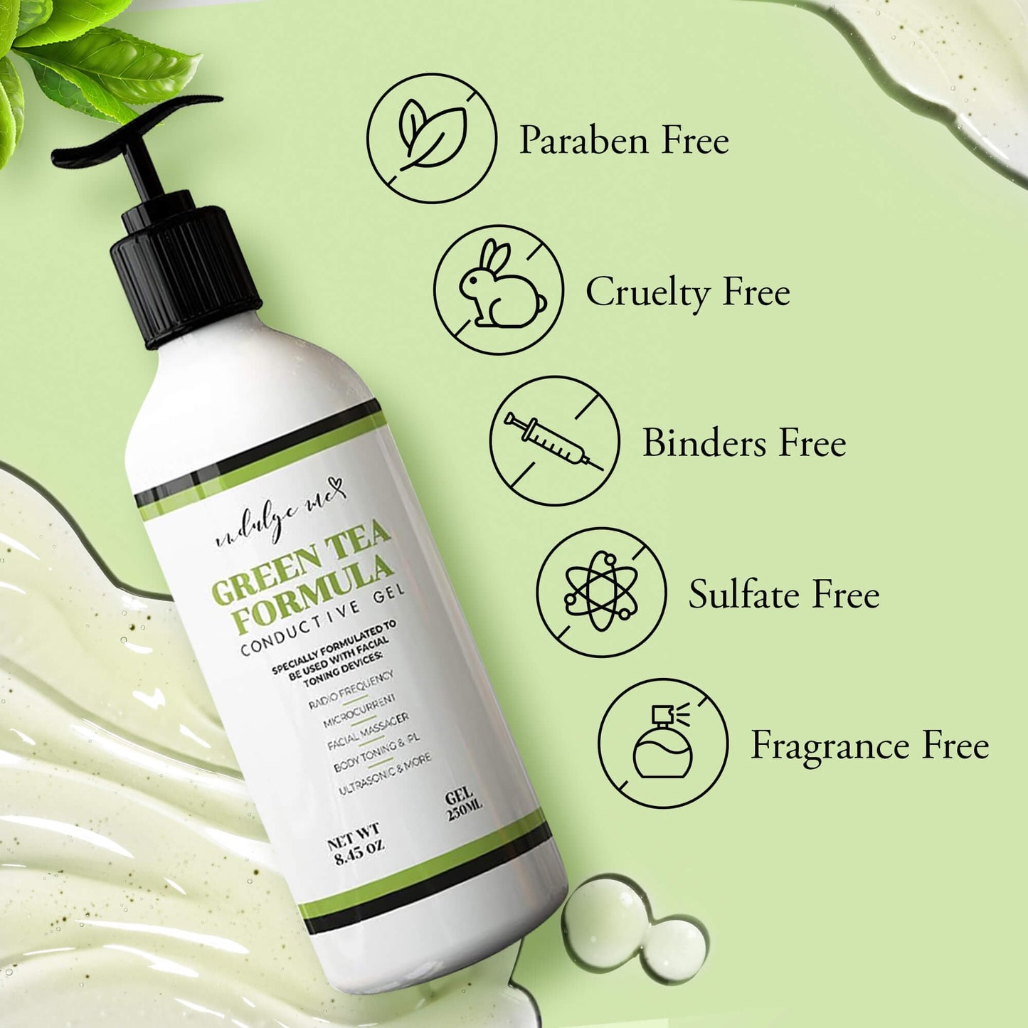 IndulgeMe Facial Conductive Gel for Microcurrent Device with Korean Green Tea Extract, Aloe Leaf Water, Hyaluronic Acid - Primer Conducting Gel for Face/Body Sculpting, RF, Red Light Therapy (8.45 oz)