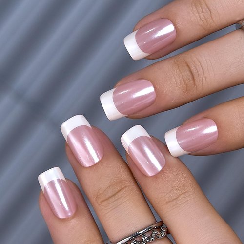 Curvlife Square French Press on Nails Medium Acrylic Fake Nails with Medium Hanley French Design Full Cover False Nails Tips for Women Reusable Nail Kit