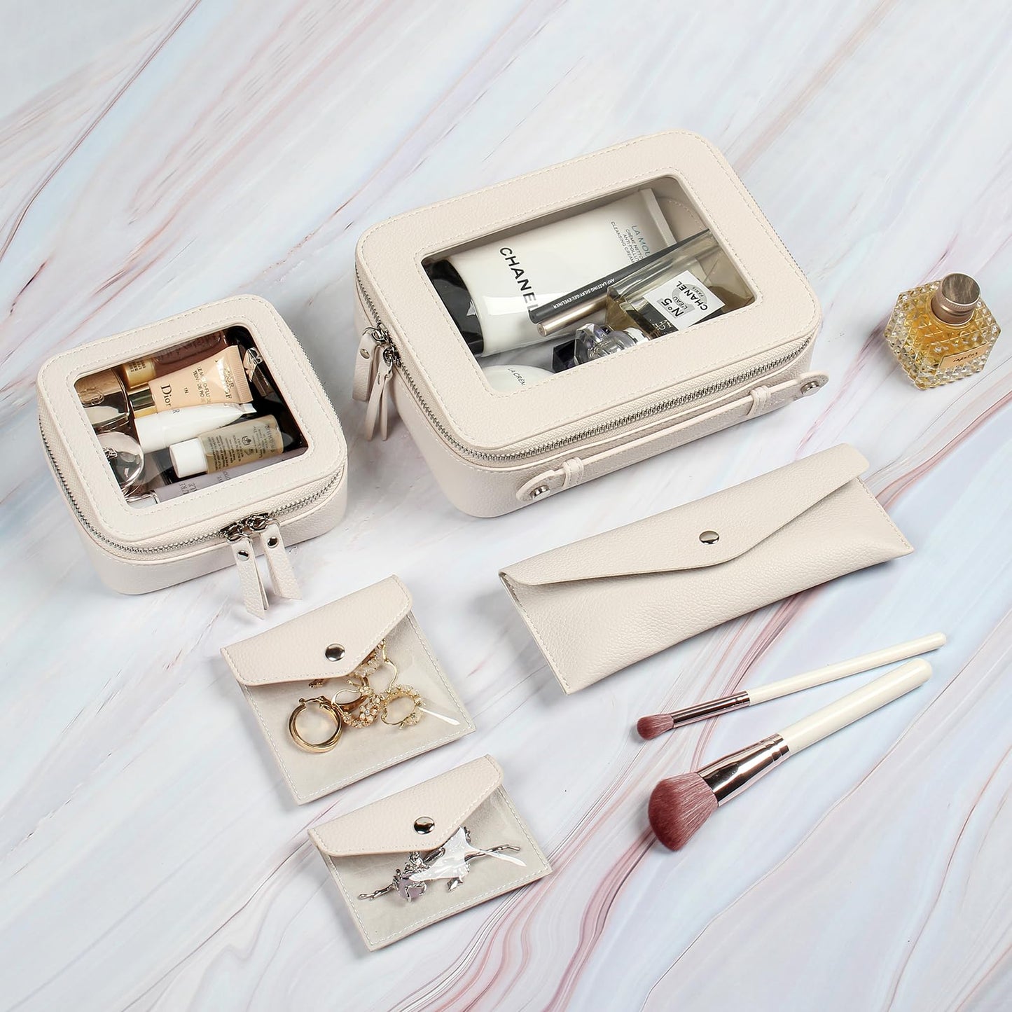 EcoVision Clear Makeup Bag, Travel Cosmetic Accessory Bag, Toiletry Organizer Bags for Women, Portable Waterproof Zipper Cosmetic Bag with Transparent Window, Beige