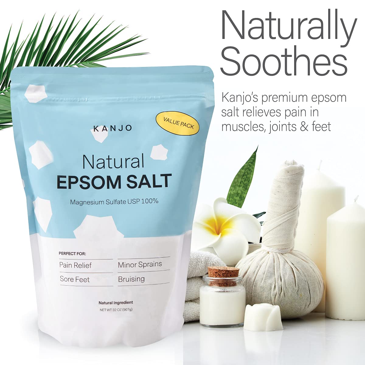 FSA HSA Eligible Kanjo Natural Epsom Salt | 100% Pure Magnesium Sulfate Bath Salt | Natural Epsom Salt Soak for Muscle Pain, Foot Pain Relief | Unscented | 32 oz Bag