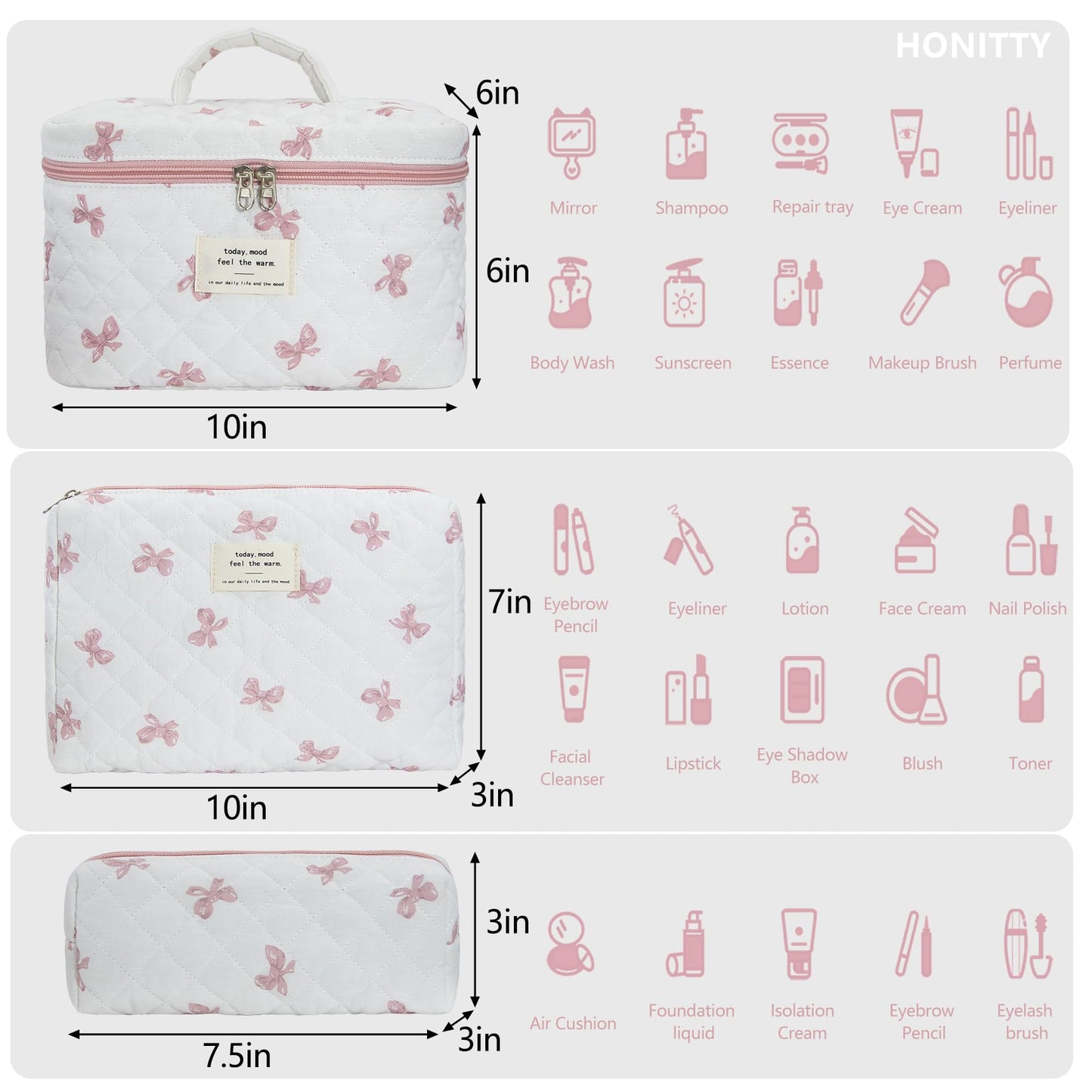honitty Makeup Bag,Quilted Cosmetic Bag,Large Floral Make Up Bag for Women,Cotton Makeup Bag Set,Flower Travel Toiletry Bag