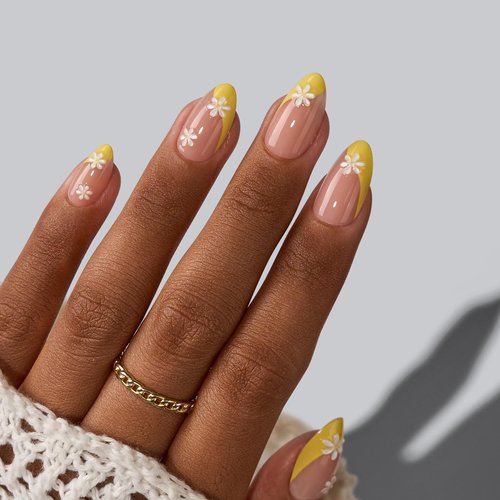BTArtbox French Tip Press On Nails - Lamp-Curable Short Almond Press On Nails with Glue for Women, Semi-Transparent Soft Gel Glue On Nails in 16 Sizes - 32 Stick On Nails Kit, Daisy