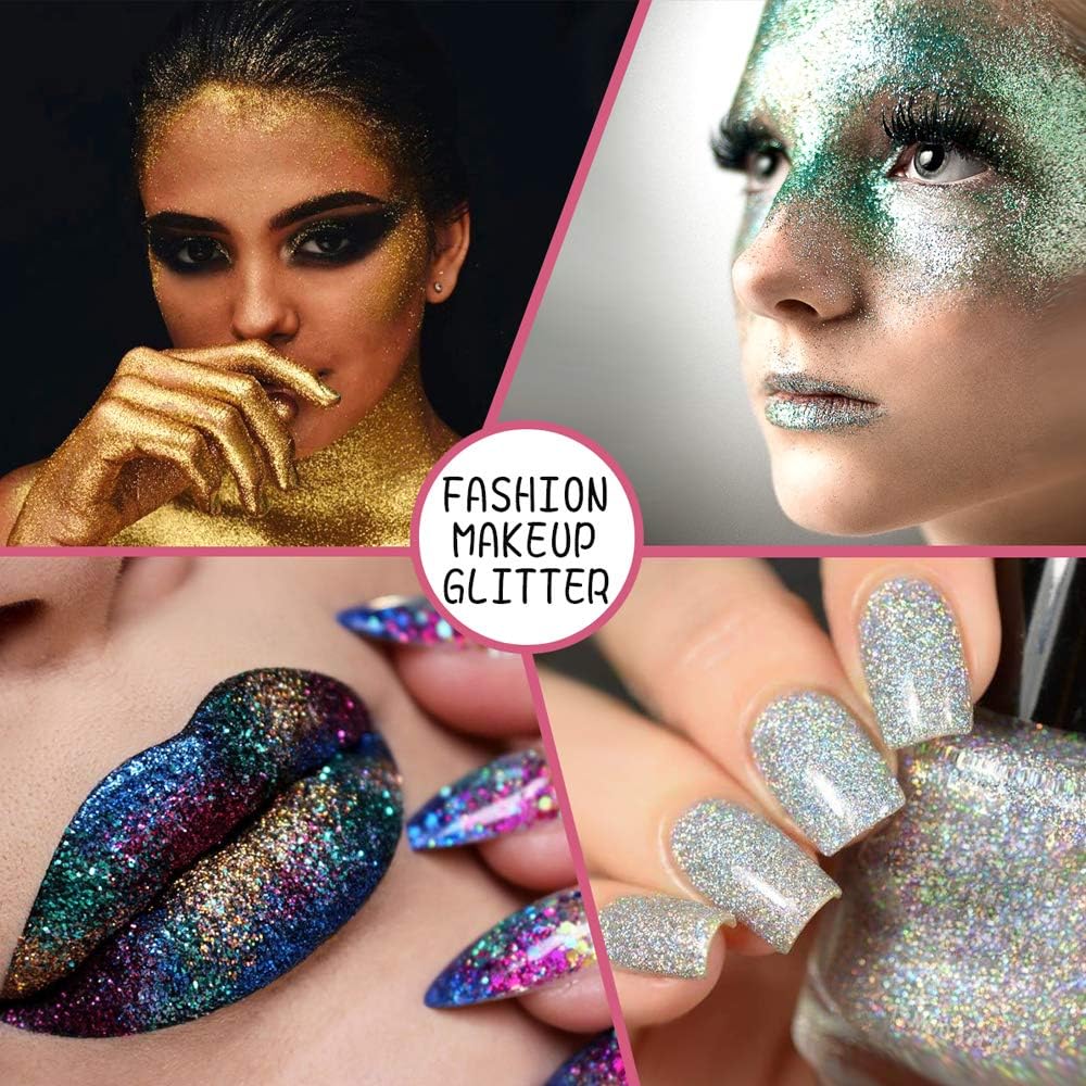 Holographic Chunky Glitter Sequins, 12 Colors Mixed Cosmetic Glitter for Face Body Eye Hair Nail Art Lip Gloss Makeup, Festival Glitter with Different Hexagons Size and Stars (Laser Mix)