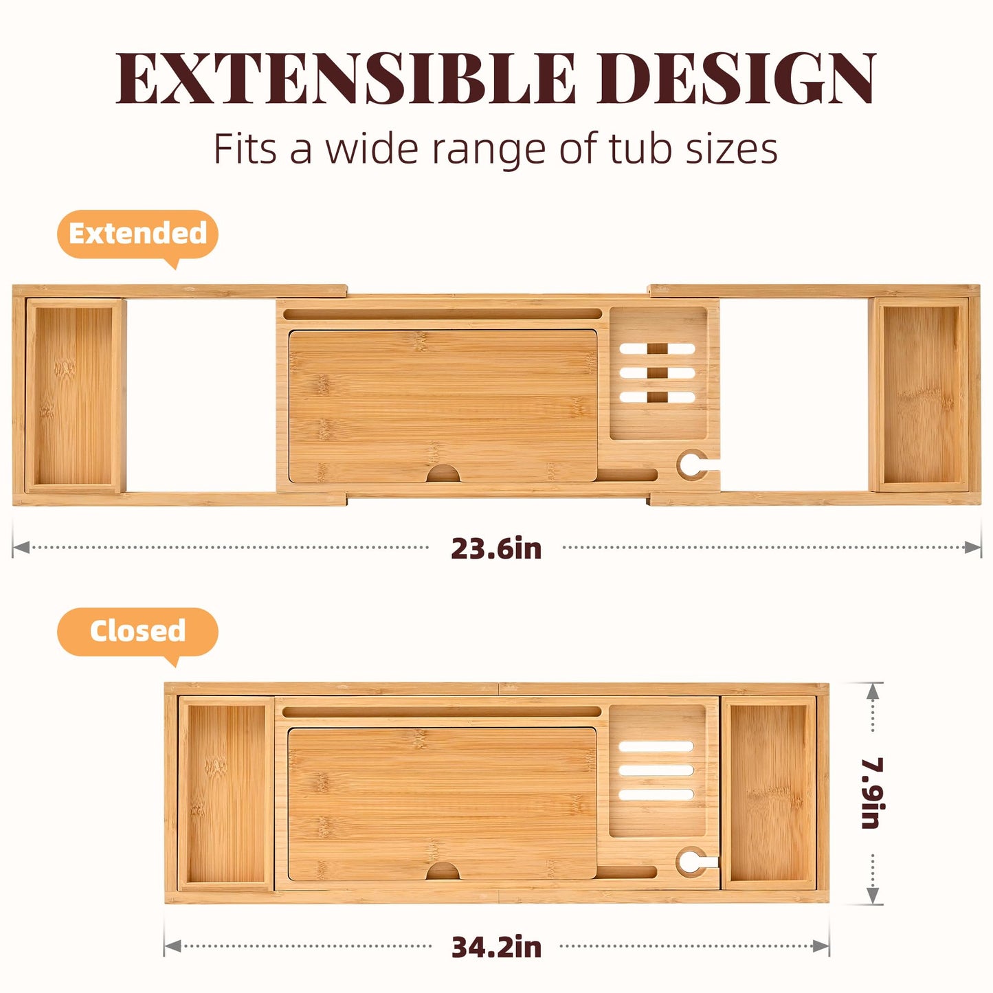 Hcirjhie Wood Foldable Bathtub Tray Caddy Bamboo Bathtub Tray Expandable, Bath Tub Table Caddy with Extending Sides - Bathtub Accessories for Women or Men (Natural (Foldable), Natural (Foldable))