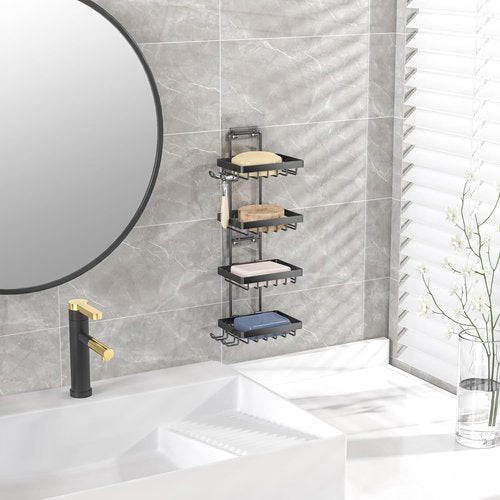 Moforoco 4-Tier Soap Bar Holder - Wall Mounted, No Drilling, 304 Stainless Steel | Bathroom Organizer with Hooks & Razor Holder