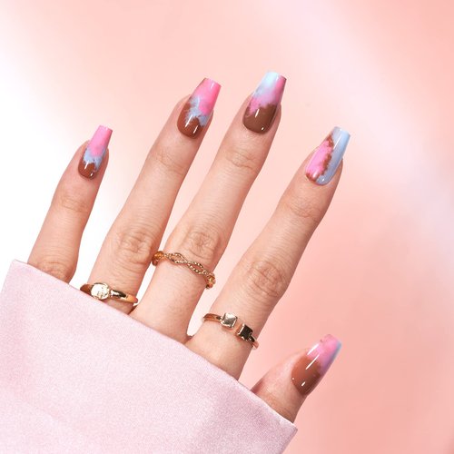 BTArtbox Press on Nails Medium - Coffin Press On Nails with Glue and Adhesive Tabs for Women, Soft Gel Glue On Nails in 15 Sizes - 30 Stick On Nails Kit, Cherry Blossom Latte