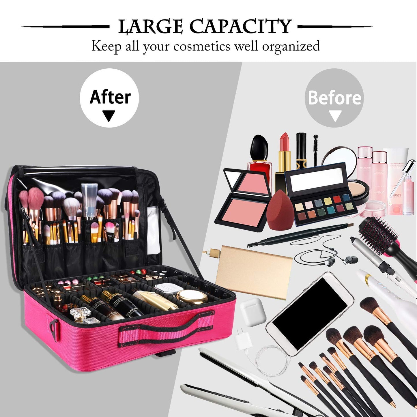 JOURMON Travel Makeup Case Portable Makeup Train Case Organizer Cosmetic Bag with Adjustable Dividers and Shoulder Strap for Makeup Brushes Toiletry Travel Accessories(Rose Red, L)