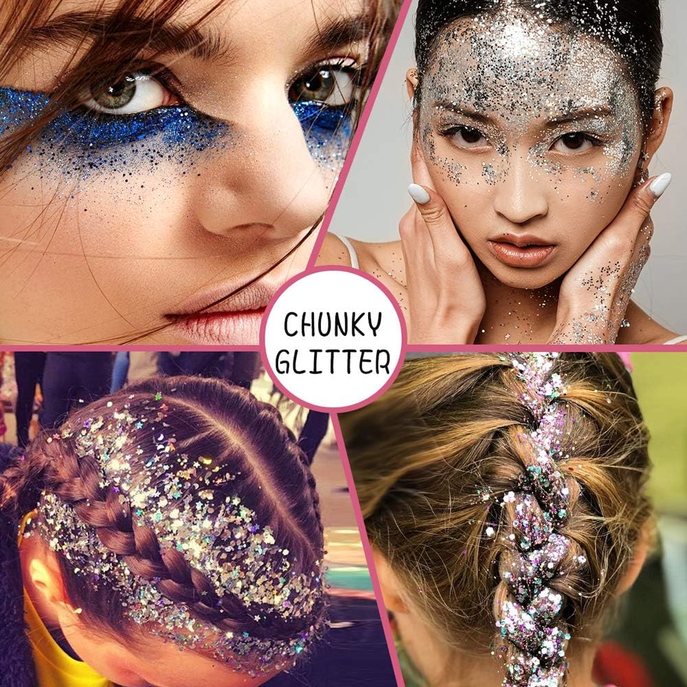 Holographic Chunky Glitter Sequins, 12 Colors Mixed Cosmetic Glitter for Face Body Eye Hair Nail Art Lip Gloss Makeup, Festival Glitter with Different Hexagons Size and Stars (Laser Mix)