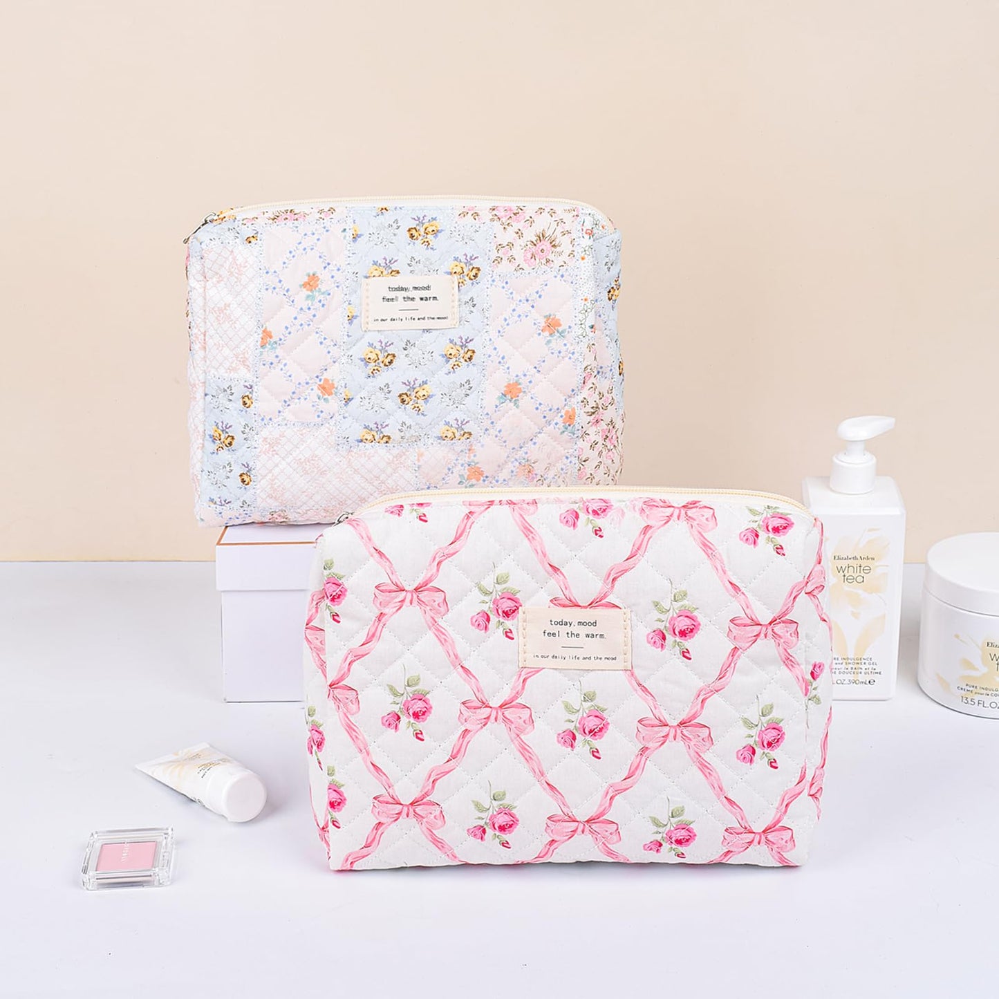 SXS LACONIC Large Makeup Bag,Quilted Makeup Bag Set,Cotton Coquette Aesthetic Floral Makeup Pouch for Women, Travel Cute Soften Cosmetics Bag Organizers for Girls