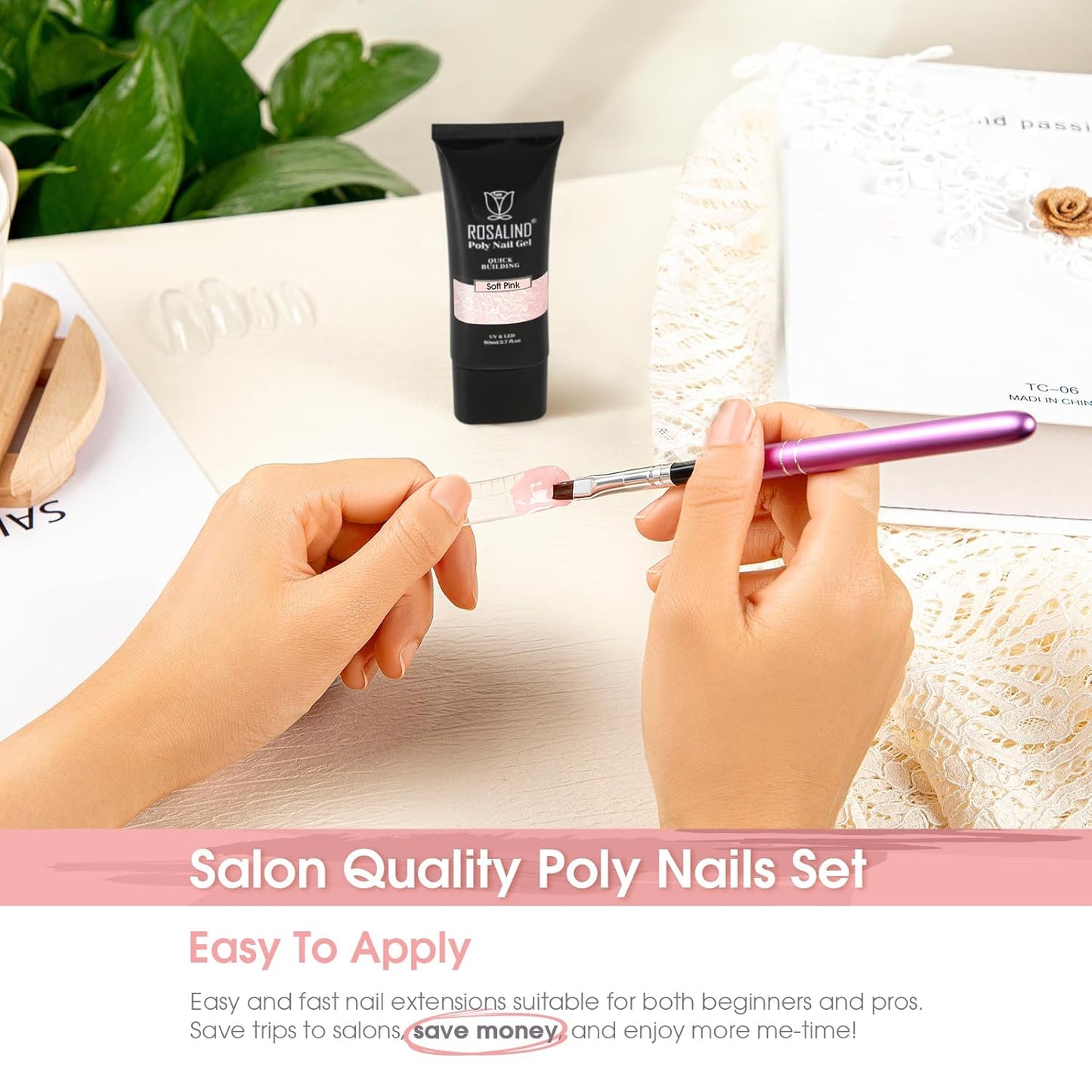 Nude Poly Extension Gel, ROSALIND 2.7 oz Light Nude Poly Nail Gel Builder for Nail Art Decoration, Thickening Extension Easy to DIY Use at Home Need UV Lamp