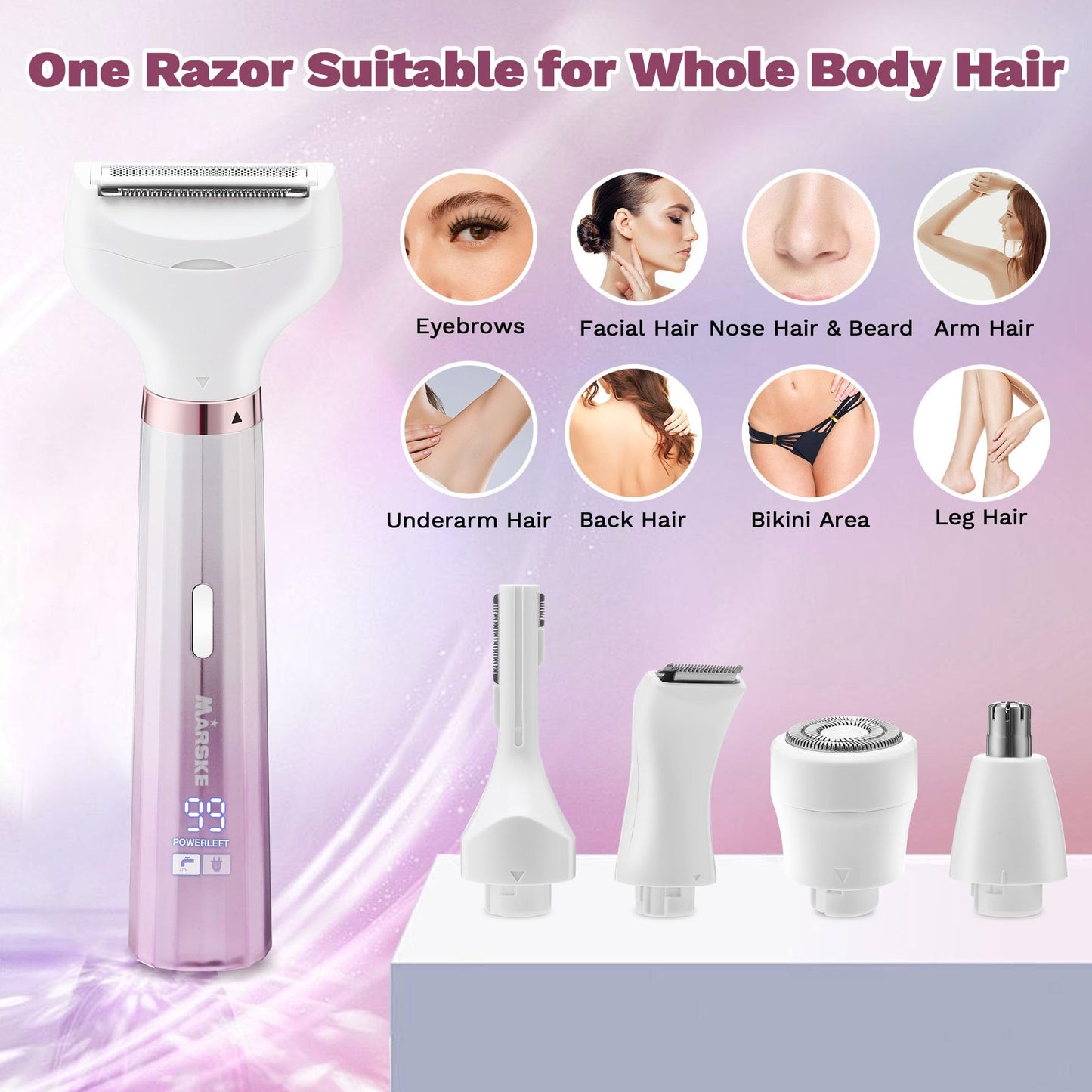 Electric Razors Shavers for Women, Bikini Trimmer 5 in 1 Electric Shaver Razor for Women Wet/Dry Face Razors for Face Nose Eyebrow Arms Armpit Legs Pubic Area Painless Facial Hair Removal for Women