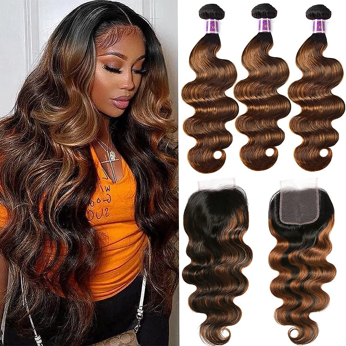 UNICE Brown Highlight Body Wave Human Hair 3 Bundles with 4x4 lace closure, Brazilian Remy Hair Ombre Human Hair Wavy Weaves FB30 Color 14 14 14+14 Closure