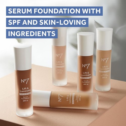 No7 Lift & Luminate Serum Foundation - SPF 15 Liquid Makeup for Dewy Glow - Radiant Formula for Mature Skin - Porcelain (30ml)
