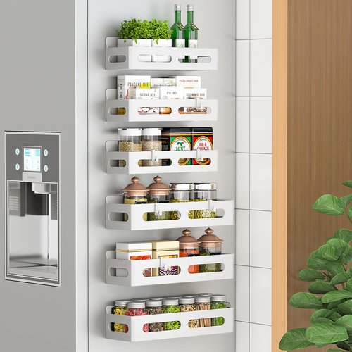 4 Pack Strong Magnetic Spice Rack for Refrigerator, Multipurpose Magnetic Shelf for Fridge with 4 Hooks for kitchen and Bathroom Organization, Black