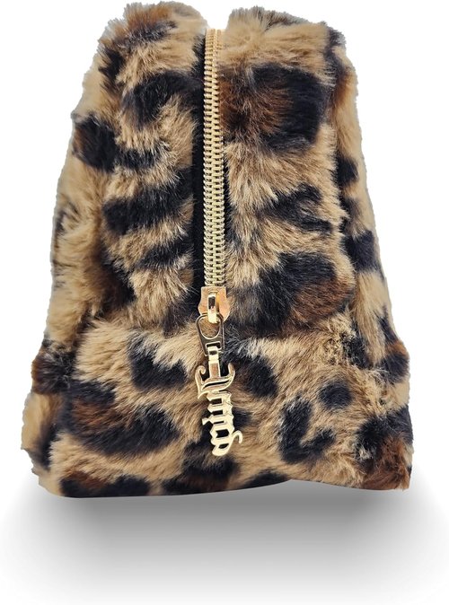 Juicy Couture Makeup Bag - Leopard Print Faux Fur Organizer for Travel Essentials | Zip Top Design