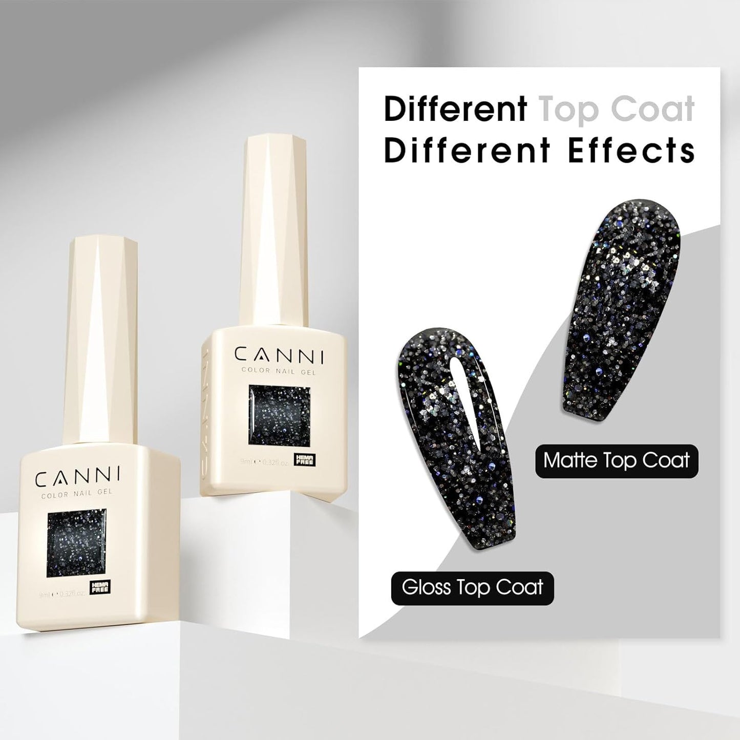 CANNI Glitter Gel Nail Polish - Black Diamond Glitter | 9ml Soak Off UV LED for DIY Nail Art & Manicure