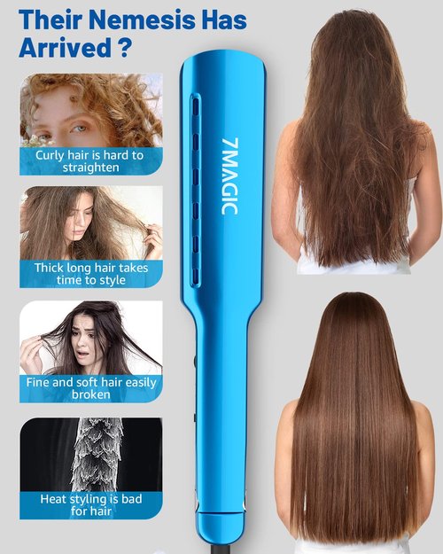 7MAGIC Nano Titanium Flat Iron - 1.7" Wide Hair Straightener for Thick Hair | Fast Heating, Dual Voltage, Blue
